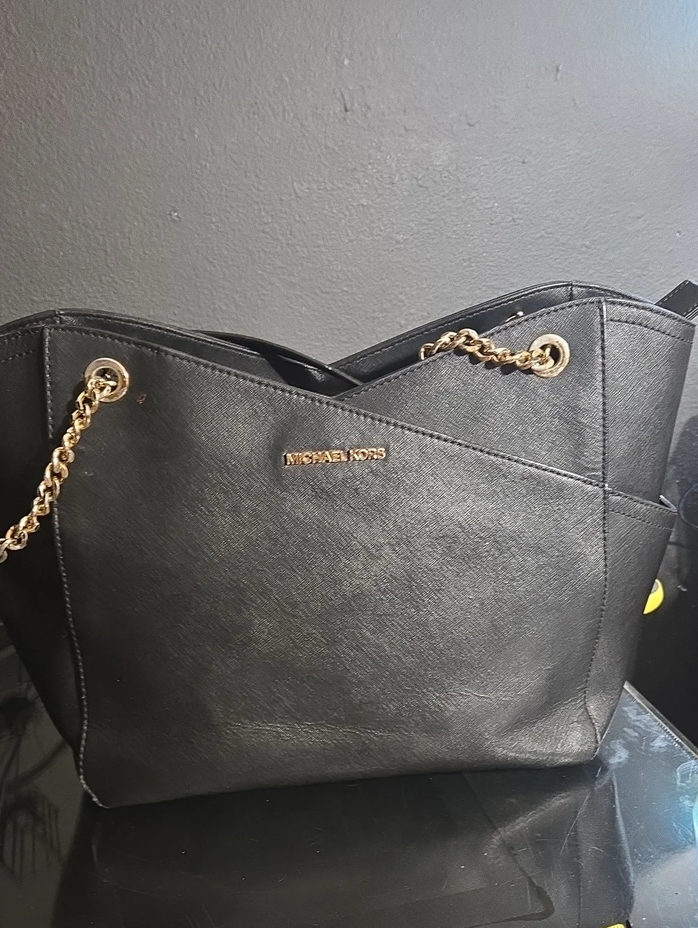 Michael Kors Black Leather Shoulder Bag with Gold Chain Trim